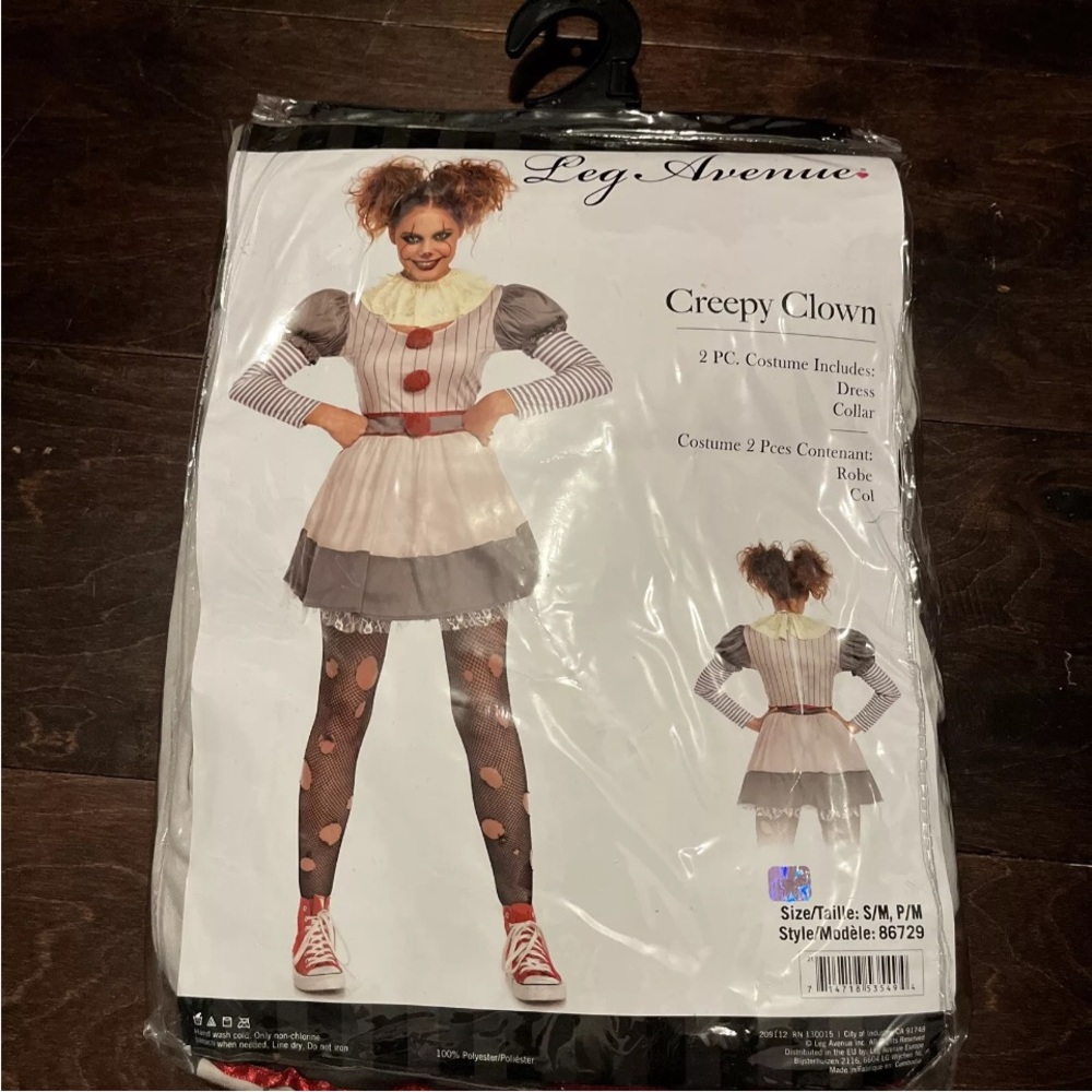 Adult Halloween Creepy Clown Costume Size S/M Dress Collar 86729 By Leg Avenue